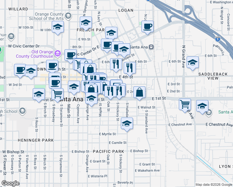 map of restaurants, bars, coffee shops, grocery stores, and more near in Santa Ana