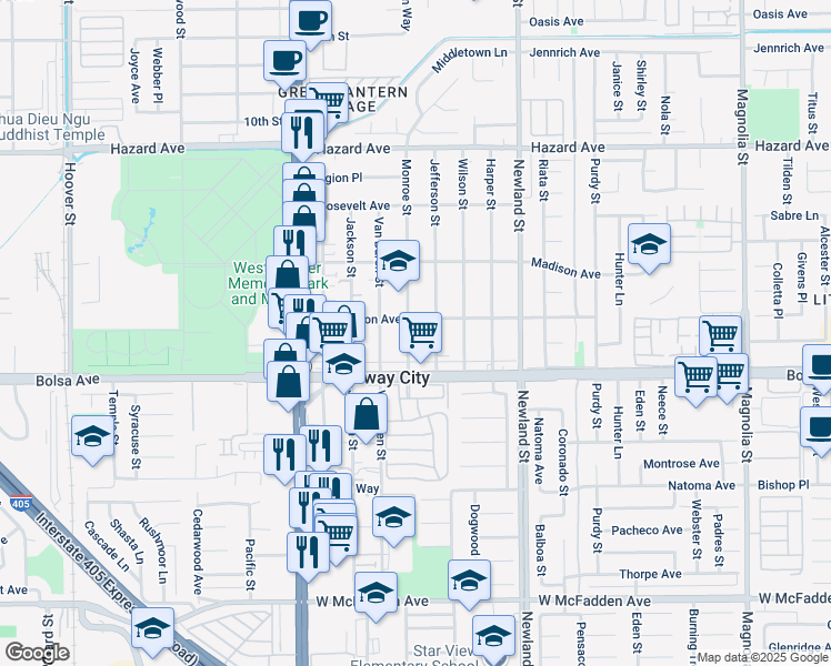map of restaurants, bars, coffee shops, grocery stores, and more near 14931 Monroe Street in Midway City