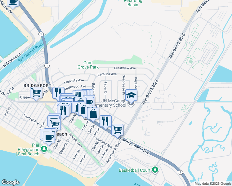 map of restaurants, bars, coffee shops, grocery stores, and more near 608 Sandpiper Drive in Seal Beach