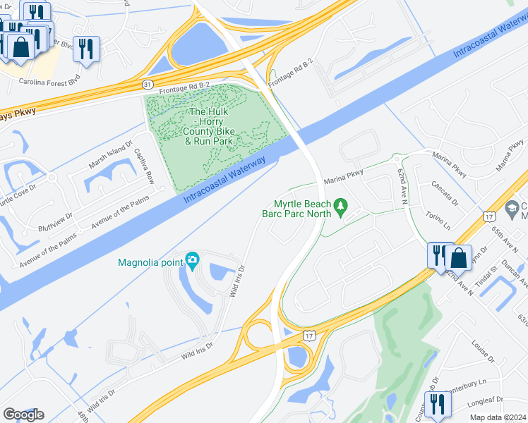 map of restaurants, bars, coffee shops, grocery stores, and more near 17 Bay Dr in Myrtle Beach