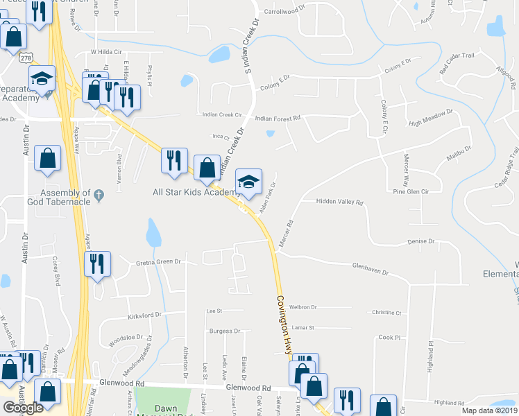 map of restaurants, bars, coffee shops, grocery stores, and more near 4560 Covington Highway in Decatur