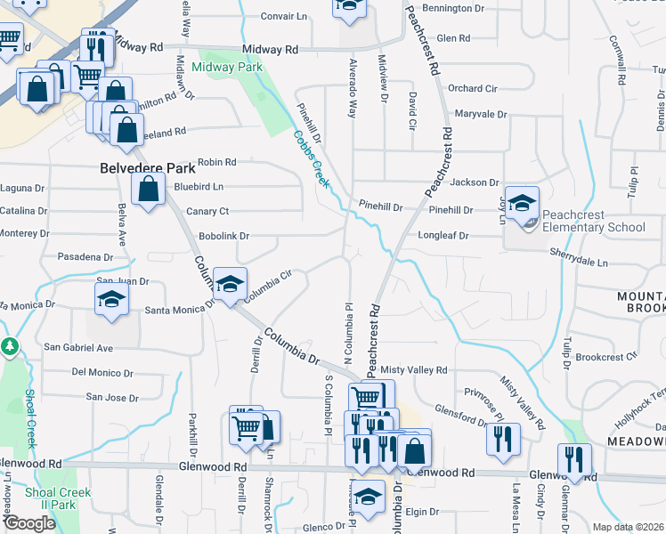 map of restaurants, bars, coffee shops, grocery stores, and more near 1597 North Columbia Place in Decatur