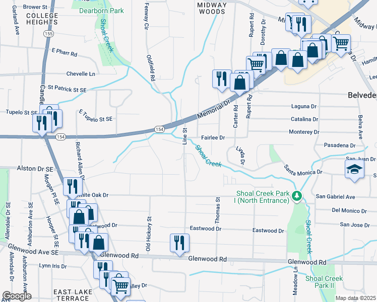 map of restaurants, bars, coffee shops, grocery stores, and more near in Belvedere Park