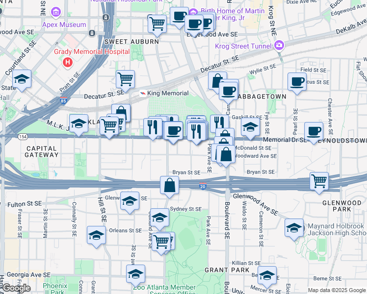 map of restaurants, bars, coffee shops, grocery stores, and more near 471 Woodward Avenue Southeast in Atlanta
