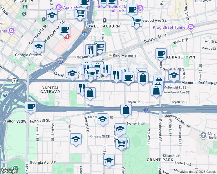 map of restaurants, bars, coffee shops, grocery stores, and more near 333 Woodward Avenue Southeast in Atlanta