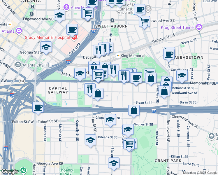 map of restaurants, bars, coffee shops, grocery stores, and more near 333 Woodward Avenue Southeast in Atlanta