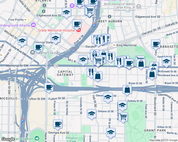 map of restaurants, bars, coffee shops, grocery stores, and more near 318 Kelly Street Southeast in Atlanta
