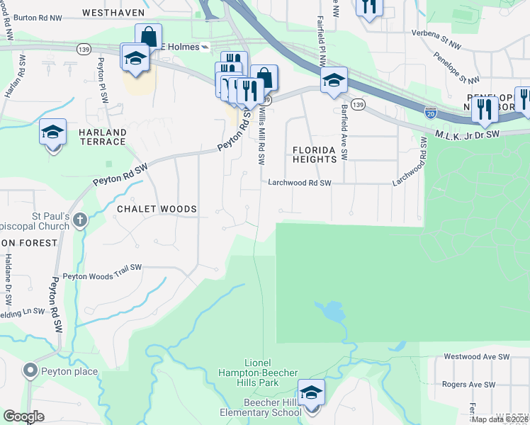map of restaurants, bars, coffee shops, grocery stores, and more near 366 Willis Mill Road Southwest in Atlanta