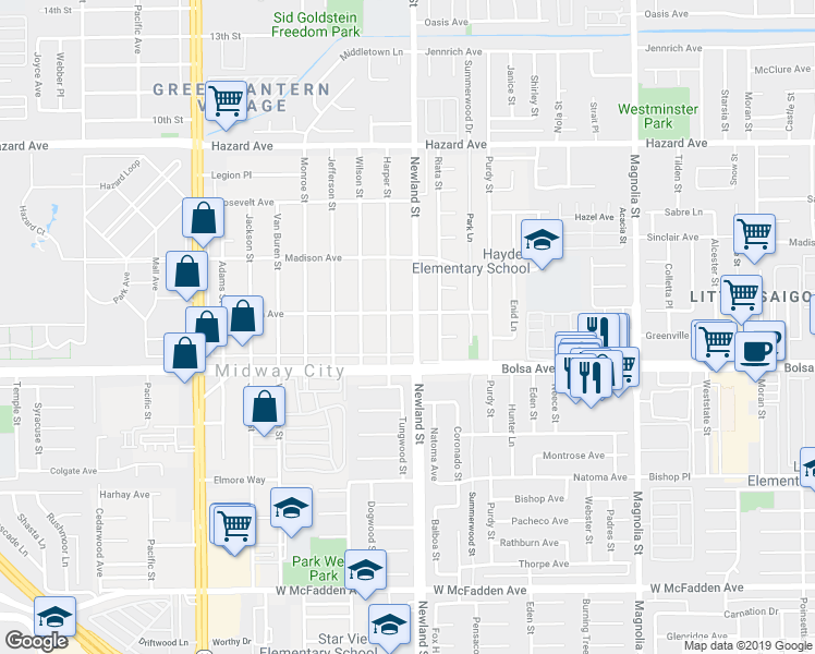 map of restaurants, bars, coffee shops, grocery stores, and more near 14881 Newland Street in Midway City