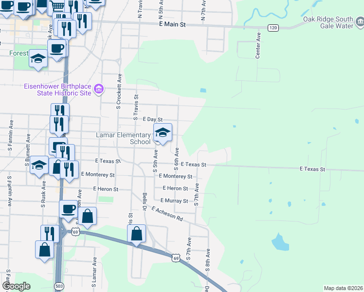 map of restaurants, bars, coffee shops, grocery stores, and more near 1000 South 6th Avenue in Denison