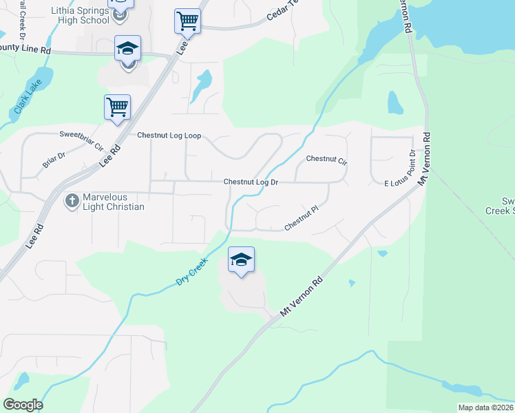 map of restaurants, bars, coffee shops, grocery stores, and more near 2271 Chestnut Place in Lithia Springs