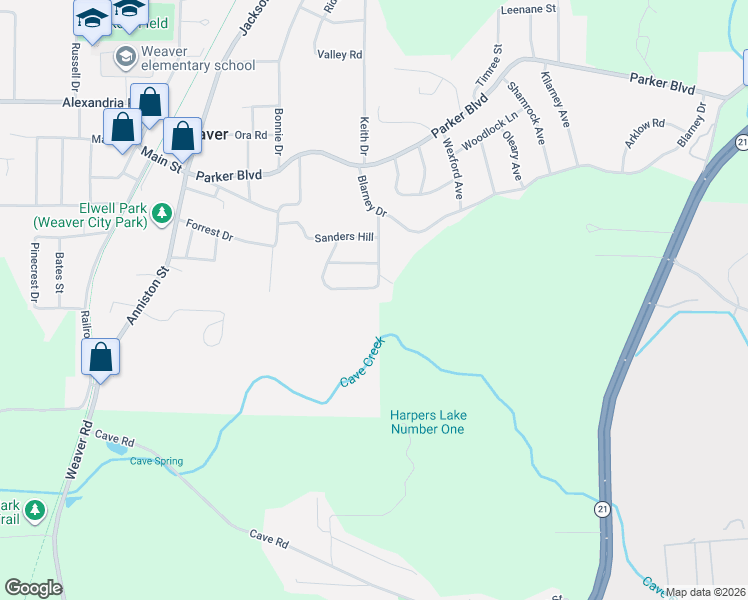 map of restaurants, bars, coffee shops, grocery stores, and more near 198 Dogwood Avenue in Weaver
