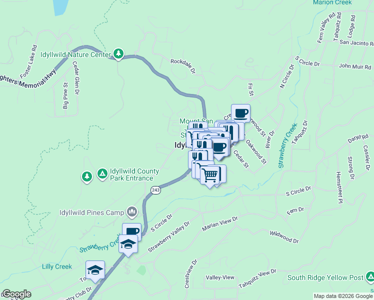 map of restaurants, bars, coffee shops, grocery stores, and more near 25955 California 243 in Idyllwild-Pine Cove