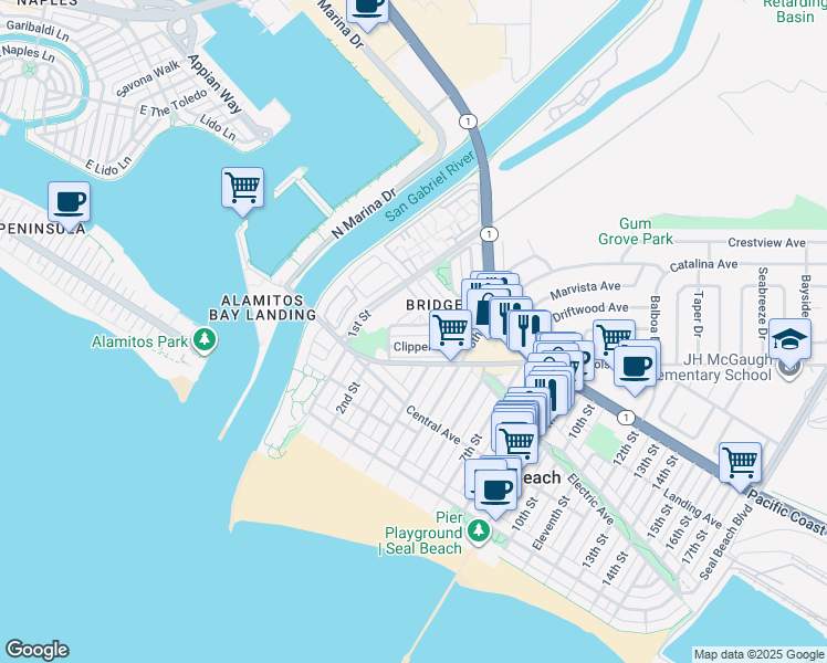 map of restaurants, bars, coffee shops, grocery stores, and more near 330 Clipper Way in Seal Beach
