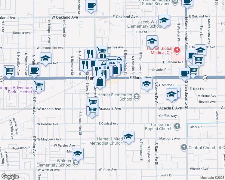 map of restaurants, bars, coffee shops, grocery stores, and more near 209 South Juanita Street in Hemet