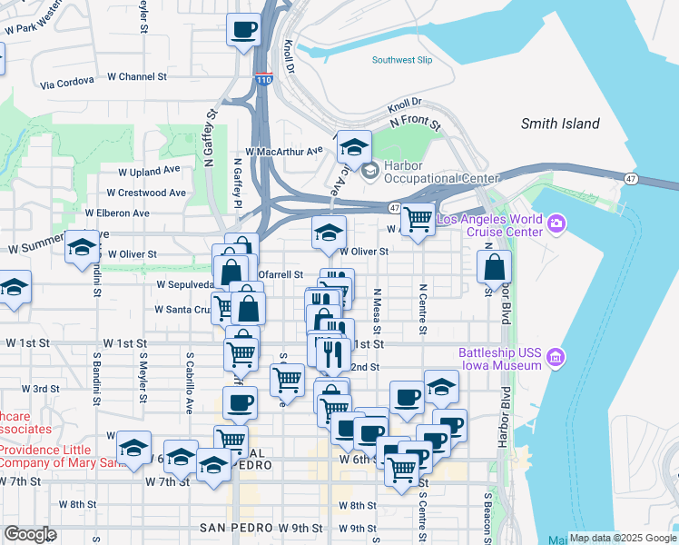 map of restaurants, bars, coffee shops, grocery stores, and more near 470 West Sepulveda Street in Los Angeles