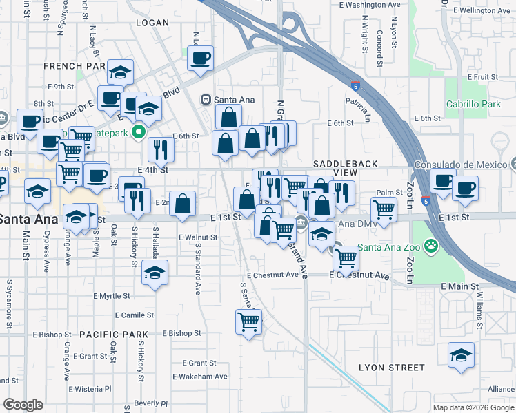 map of restaurants, bars, coffee shops, grocery stores, and more near 120 Hathaway Street in Santa Ana