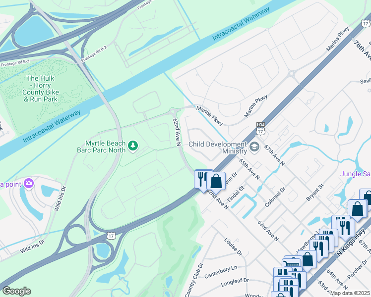 map of restaurants, bars, coffee shops, grocery stores, and more near 6200 Garda Lane in Myrtle Beach