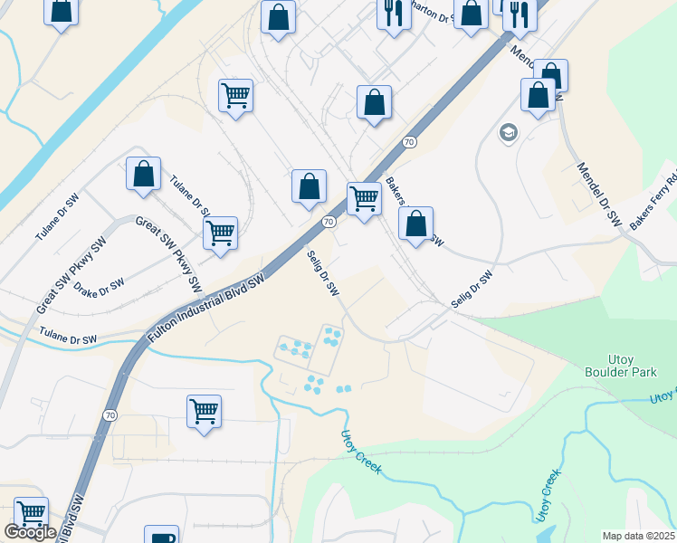 map of restaurants, bars, coffee shops, grocery stores, and more near 850 Selig Drive Southwest in Atlanta