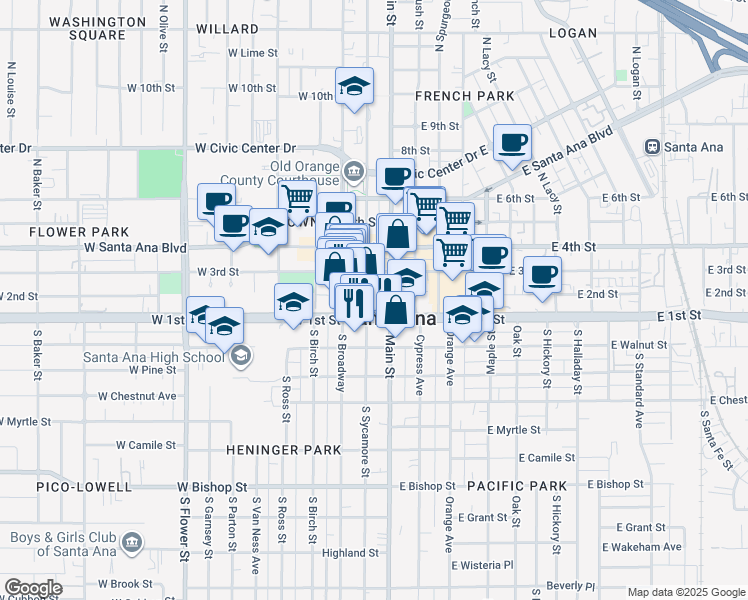 map of restaurants, bars, coffee shops, grocery stores, and more near 117 North Sycamore Street in Santa Ana