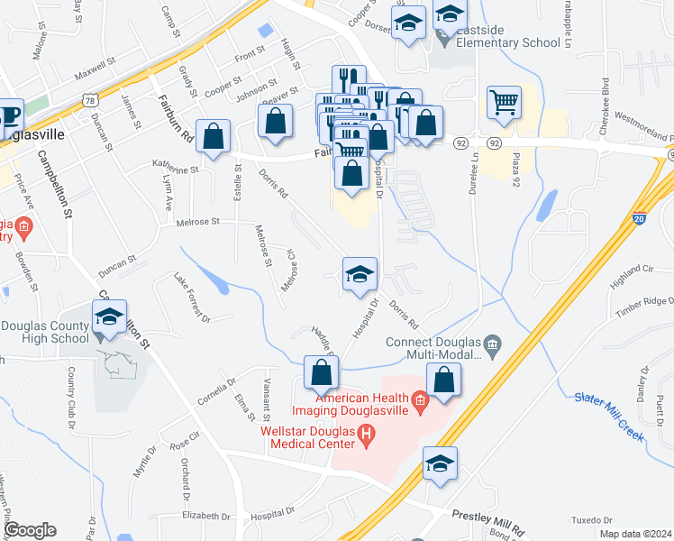 map of restaurants, bars, coffee shops, grocery stores, and more near 8607 Baldwin Parkway in Douglasville