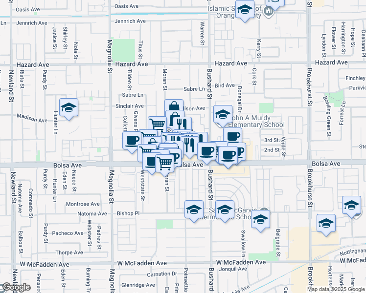 map of restaurants, bars, coffee shops, grocery stores, and more near 14920 Dillow Street in Westminster