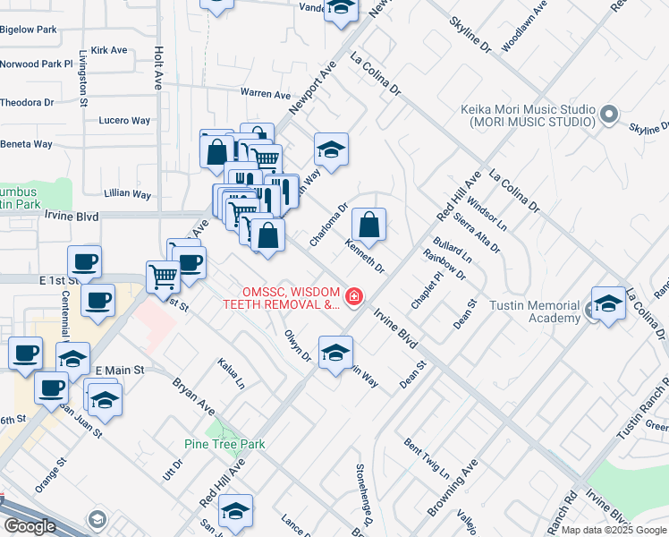 map of restaurants, bars, coffee shops, grocery stores, and more near 12972 Woodlawn Avenue in Tustin