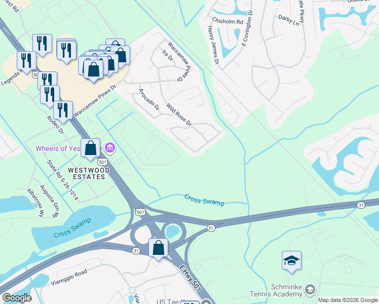 map of restaurants, bars, coffee shops, grocery stores, and more near 368 Southern Pines Drive in Myrtle Beach