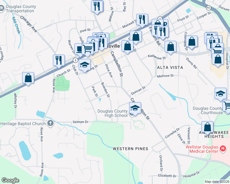 map of restaurants, bars, coffee shops, grocery stores, and more near 8627 North Anna Way in Douglasville
