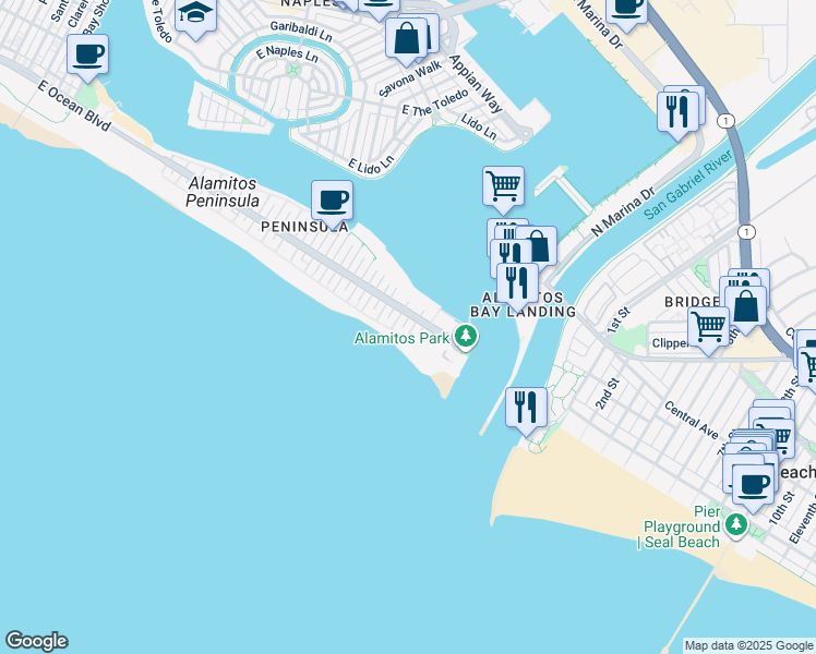 map of restaurants, bars, coffee shops, grocery stores, and more near 15 69th Place in Long Beach