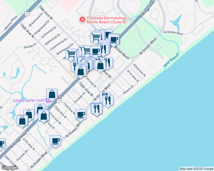 map of restaurants, bars, coffee shops, grocery stores, and more near 215 78th Avenue North in Myrtle Beach