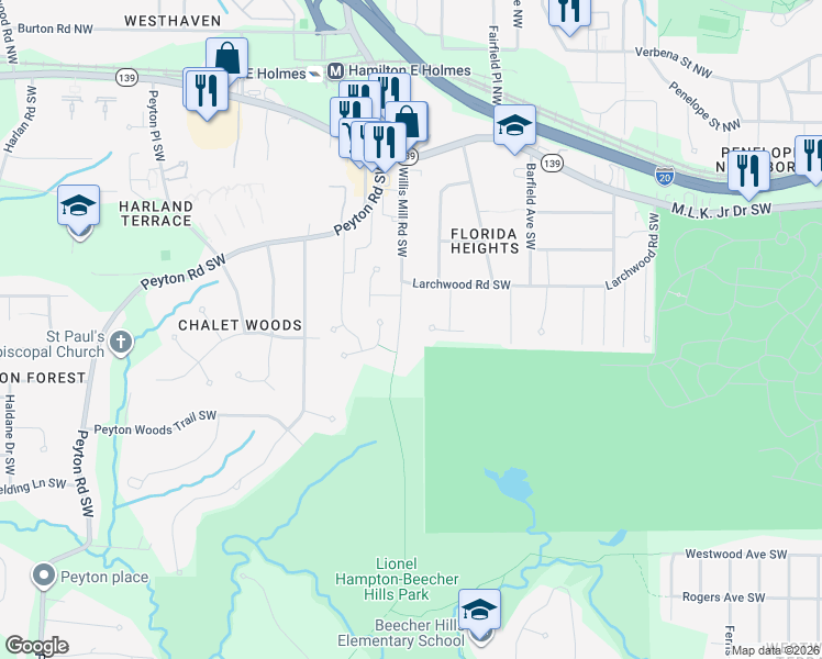 map of restaurants, bars, coffee shops, grocery stores, and more near 366 Willis Mill Road Southwest in Atlanta