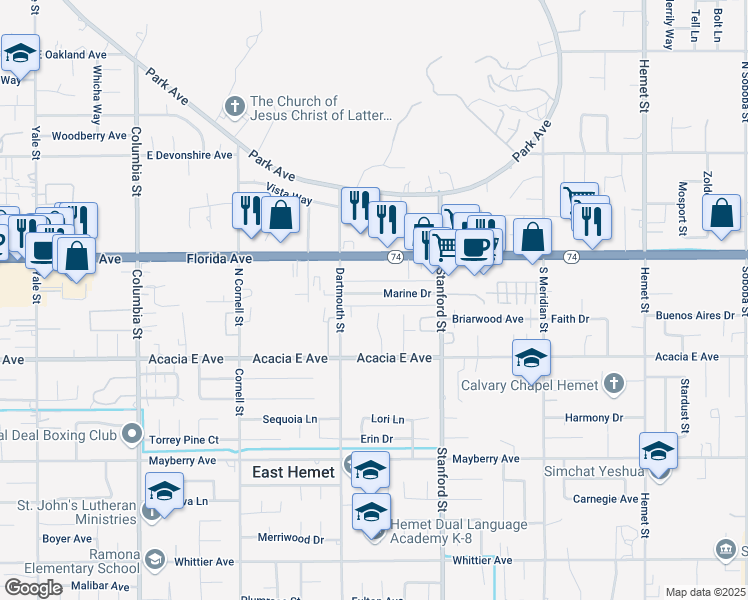 map of restaurants, bars, coffee shops, grocery stores, and more near 41589 Marine Drive in Hemet