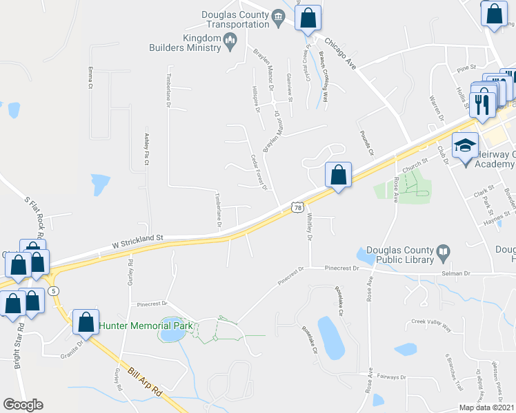 map of restaurants, bars, coffee shops, grocery stores, and more near 7215 Myrtle Lane in Douglasville