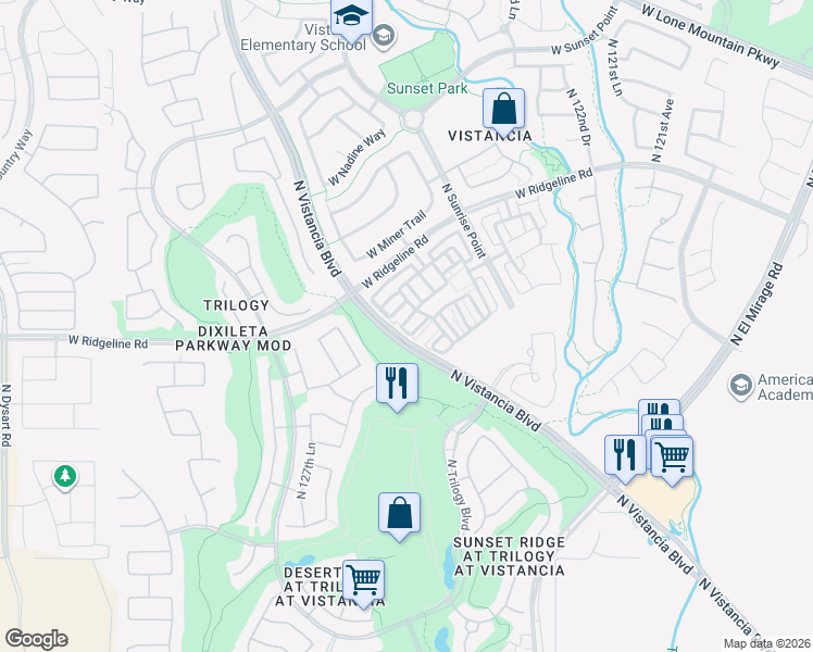 map of restaurants, bars, coffee shops, grocery stores, and more near 12589 West Via Dona Road in Peoria