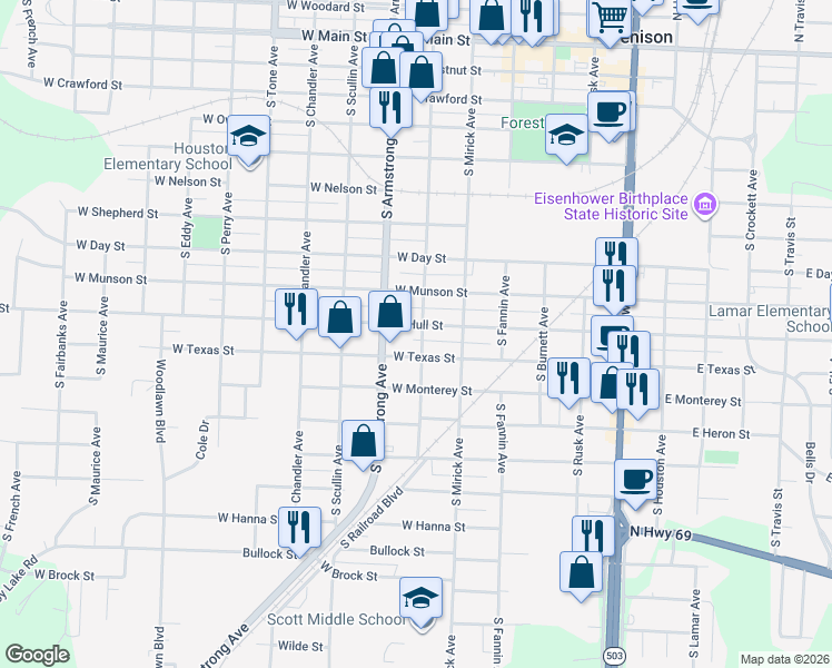 map of restaurants, bars, coffee shops, grocery stores, and more near 719 West Texas Street in Denison