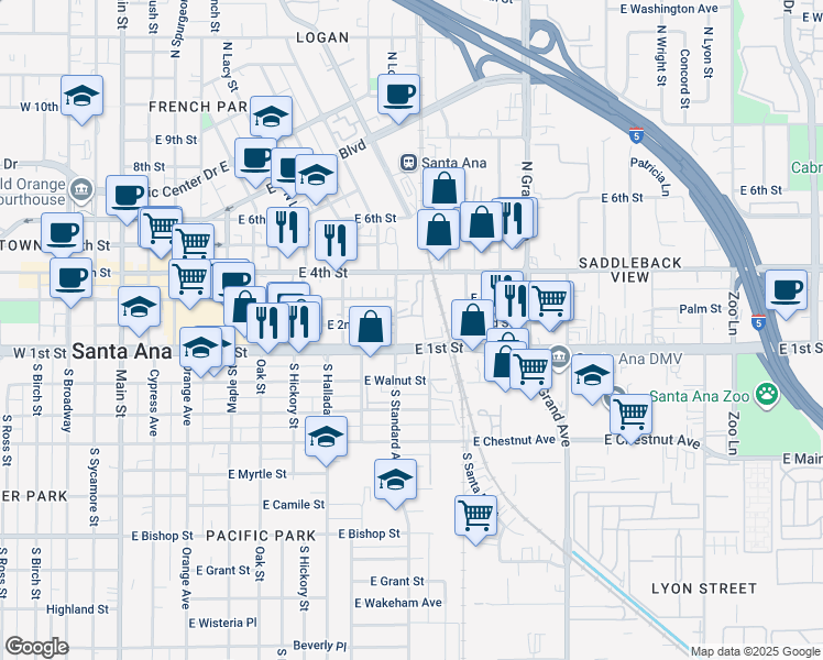 map of restaurants, bars, coffee shops, grocery stores, and more near 1004 E 1st St in Santa Ana