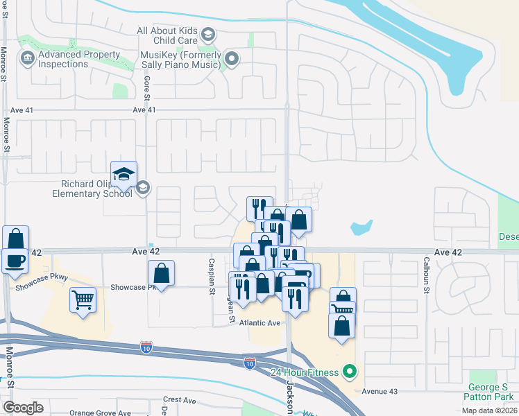 map of restaurants, bars, coffee shops, grocery stores, and more near 82902 Generations Drive in Indio
