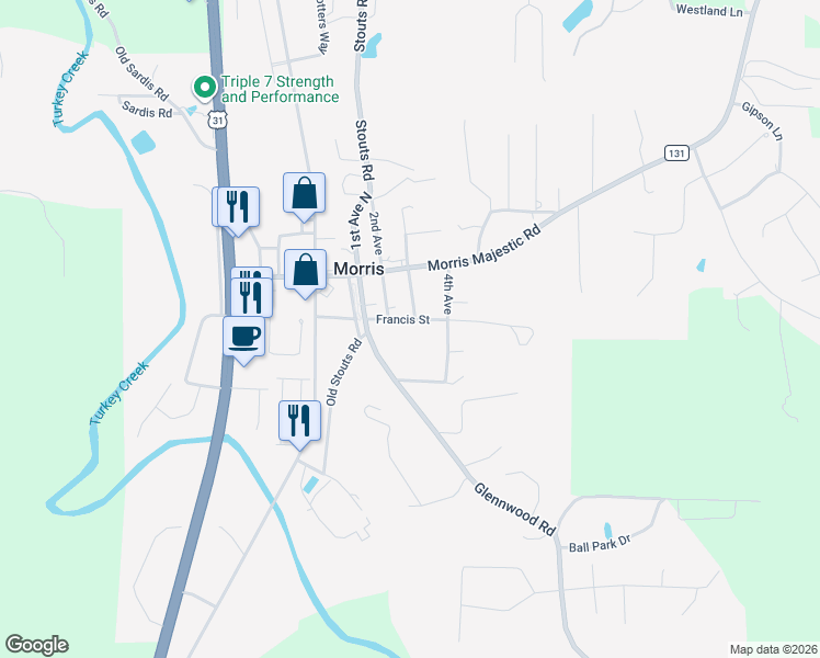 map of restaurants, bars, coffee shops, grocery stores, and more near 735 Francis Street in Morris