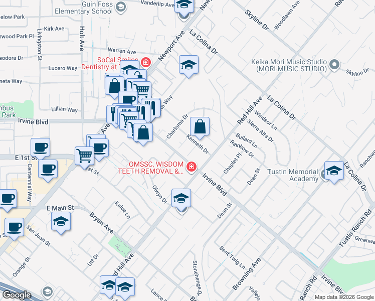 map of restaurants, bars, coffee shops, grocery stores, and more near 12941 Keith Place in Tustin