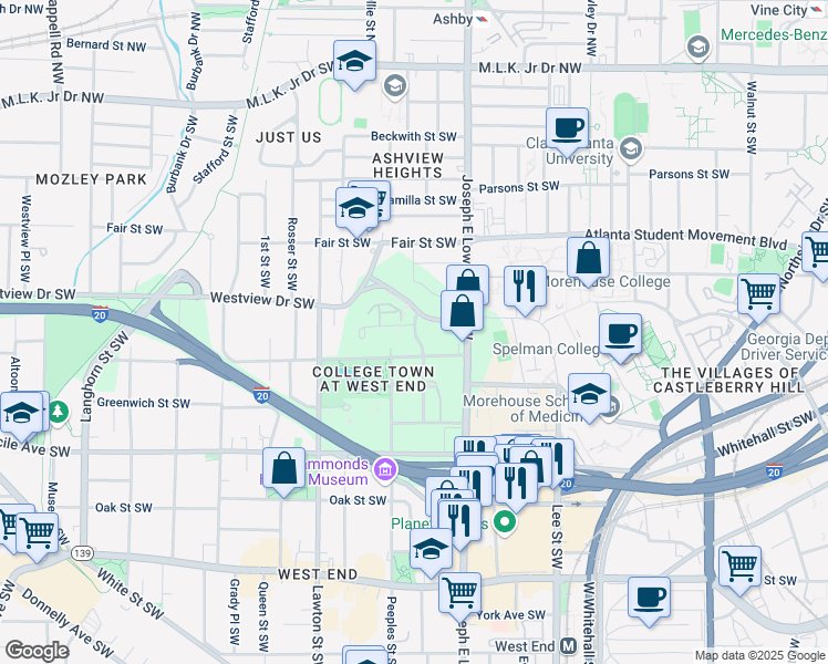 map of restaurants, bars, coffee shops, grocery stores, and more near 335 Abbott Street Southwest in Atlanta