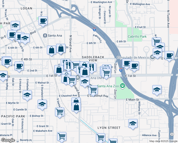map of restaurants, bars, coffee shops, grocery stores, and more near 1440 East First Street in Santa Ana