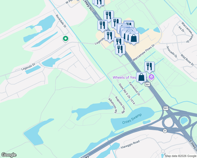 map of restaurants, bars, coffee shops, grocery stores, and more near 1000 Englemann Oak Drive in Myrtle Beach