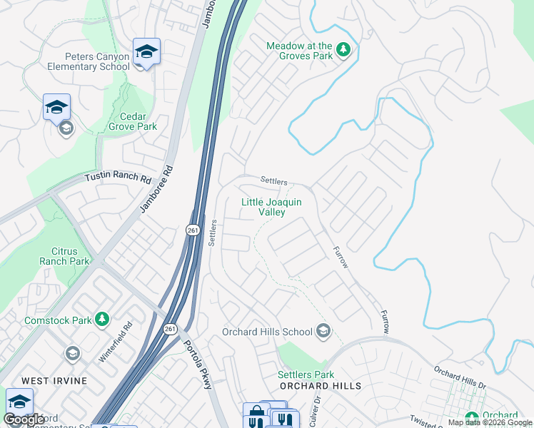 map of restaurants, bars, coffee shops, grocery stores, and more near 136 Long Fence in Irvine