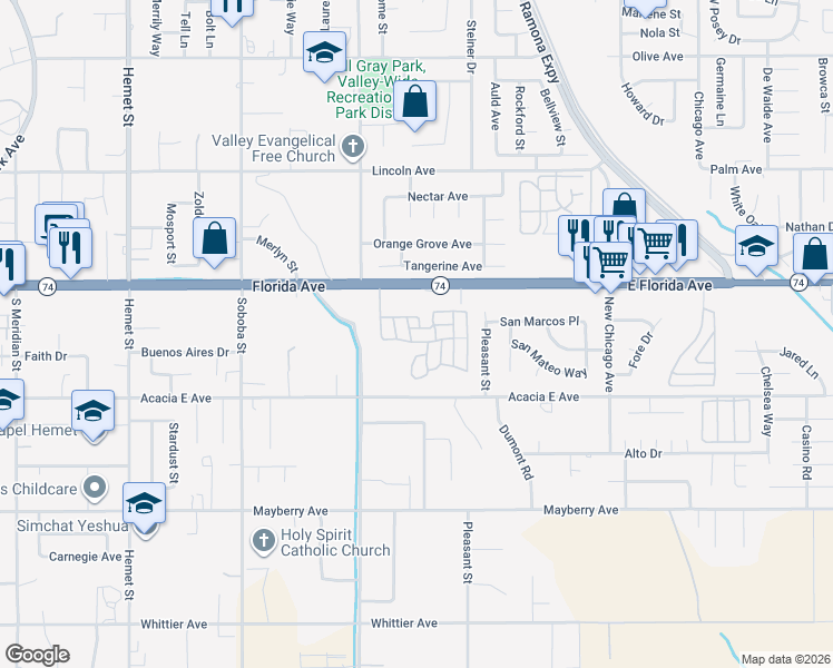 map of restaurants, bars, coffee shops, grocery stores, and more near 42751 East Florida Avenue in Hemet