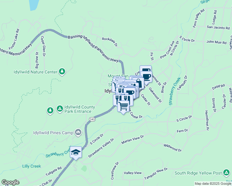 map of restaurants, bars, coffee shops, grocery stores, and more near 25051 California 243 in Idyllwild-Pine Cove