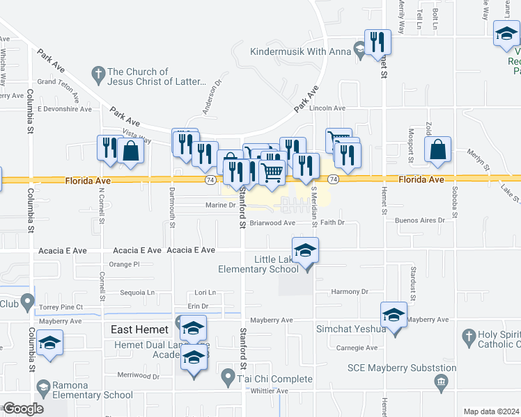 map of restaurants, bars, coffee shops, grocery stores, and more near 41834 Briarwood Avenue in Hemet
