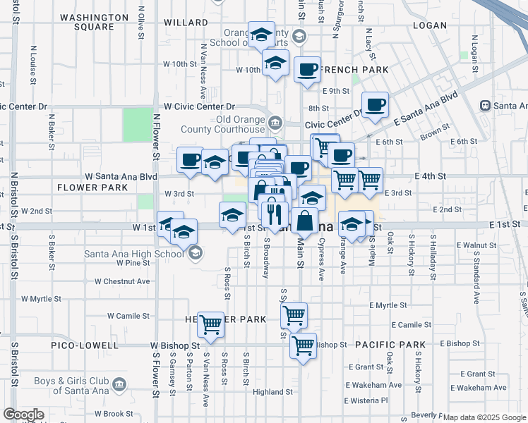 map of restaurants, bars, coffee shops, grocery stores, and more near 102 South Broadway in Santa Ana