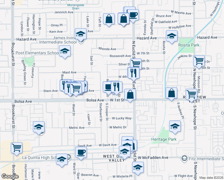 map of restaurants, bars, coffee shops, grocery stores, and more near 5421 Bolsa Avenue in Santa Ana