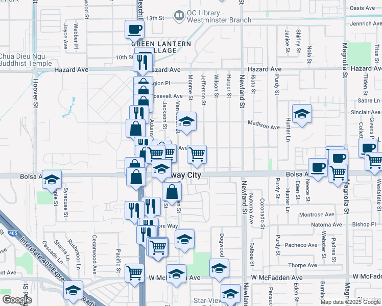 map of restaurants, bars, coffee shops, grocery stores, and more near 14931 Monroe Street in Midway City